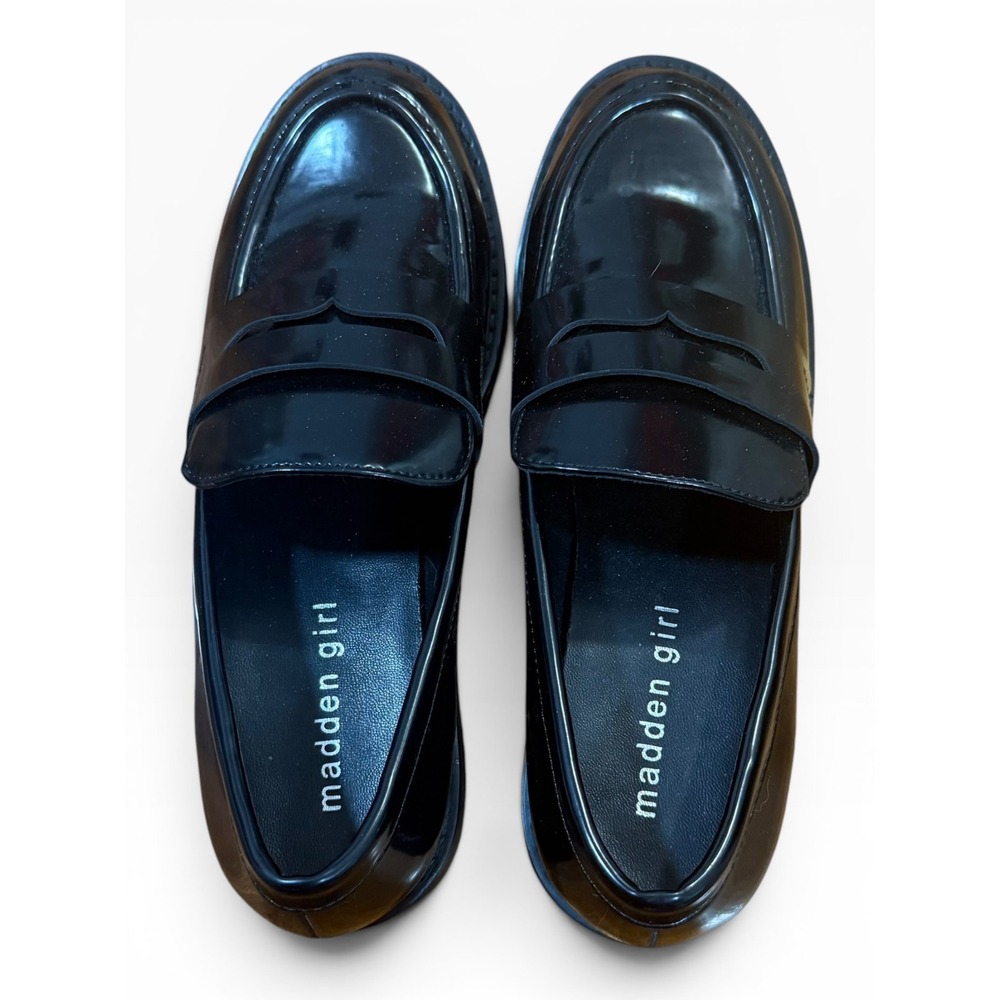 Madden Girl Cecilly Loafer Women 6M Black Excellent Chunky Block Heel Patent - Picture 5 of 6